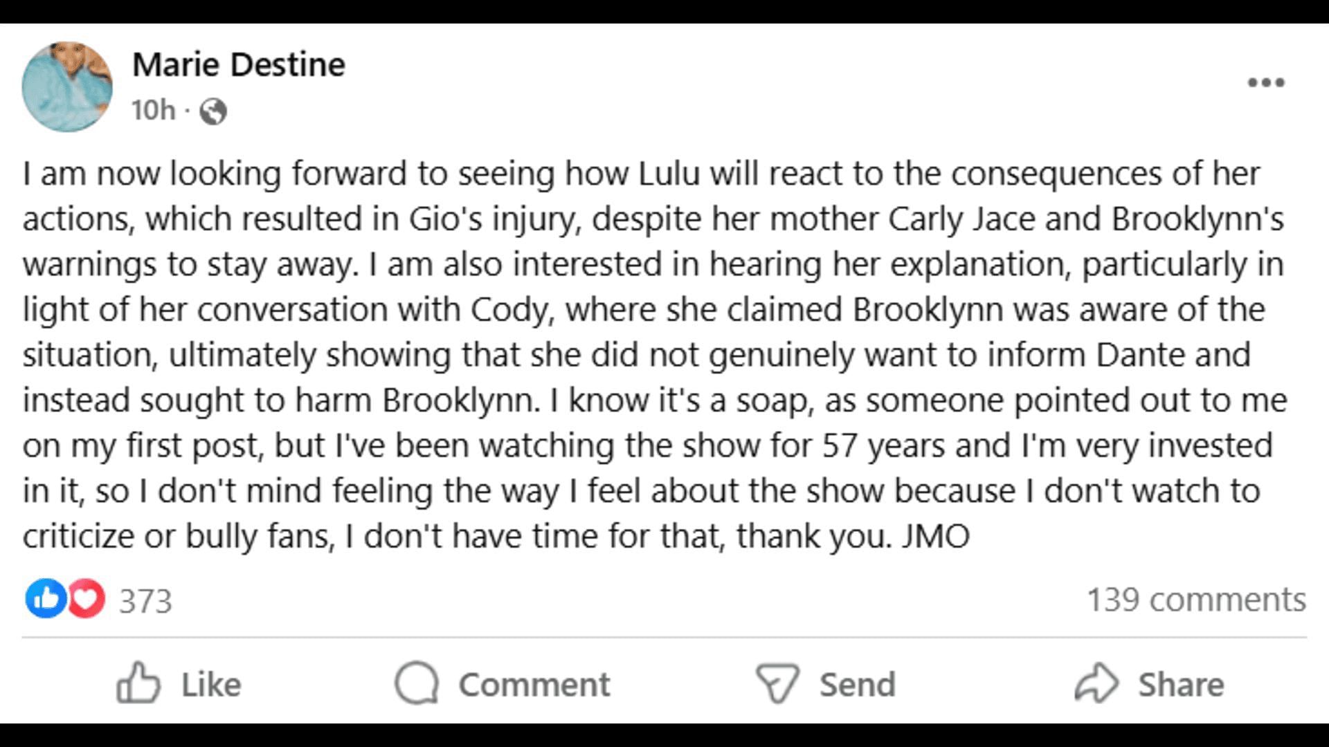 A Facebook post about Lulu's reckless choices (Image via Facebook/General Hospital Fans - Official)